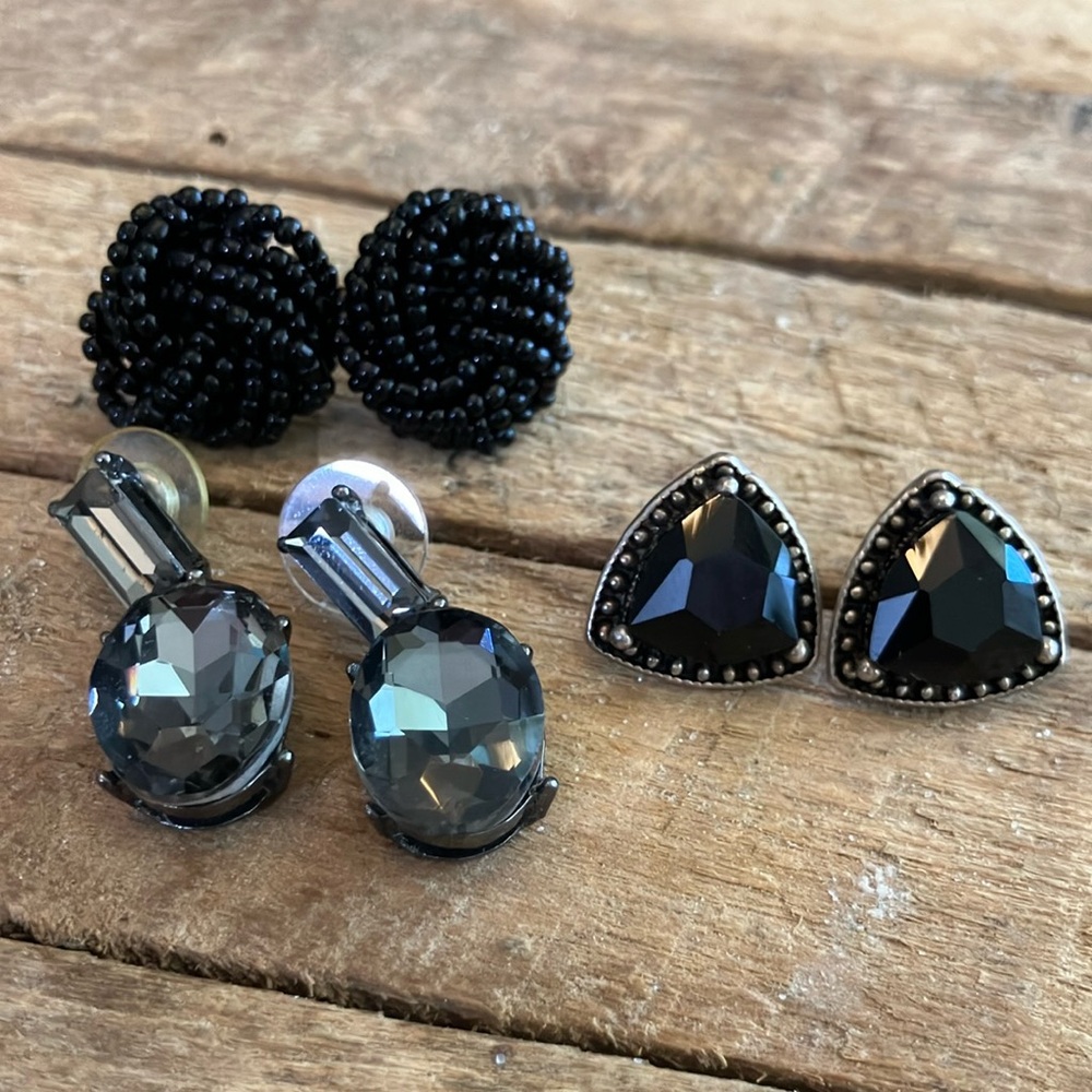 Black and Gray Earrings Set Glass and Silver tones Bundle of 3 pairs pierced